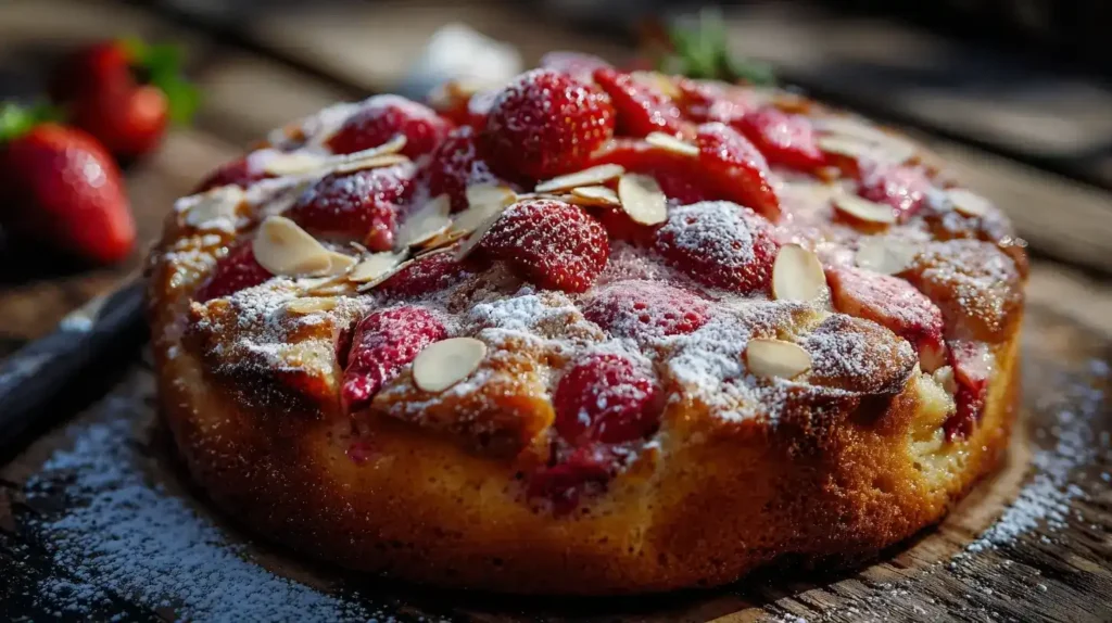 Saftiger Erdbeer-Rhabarber-Kuchen mit Joghurt frisch angeschnitten auf einem Teller