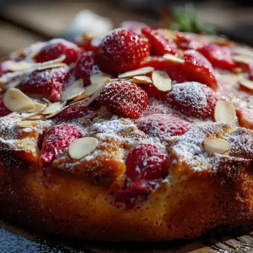Saftiger Erdbeer-Rhabarber-Kuchen mit Joghurt frisch angeschnitten auf einem Teller