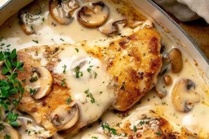 Hähnchen mit 450 g Champignons in cremiger Rahmsoße