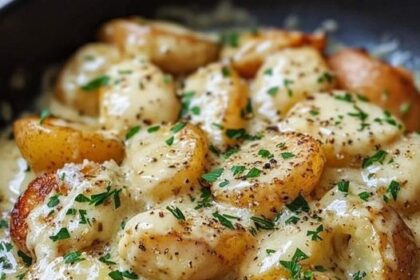 Kartoffeln in cremiger Knoblauchsoße backe ich 2x im Woche