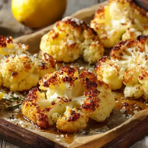 Gerösteter Blumenkohl im Backofen mit Zitronensaft, Knoblauch und Olivenöl auf Backblech