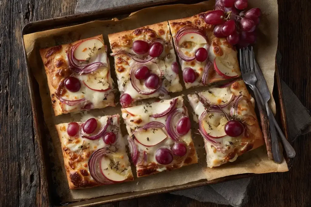 Gemüsekuchen vom Blech – herzhaft & herbstlich Herzhafter Gemüsekuchen vom Blech mit Trauben, Äpfeln, Lauch und Käse, herbstlich dekoriert