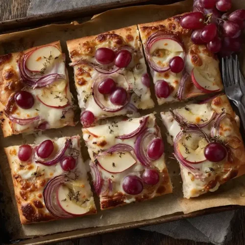 Herzhafter Gemüsekuchen vom Blech mit Trauben, Äpfeln, Lauch und Käse, herbstlich dekoriert