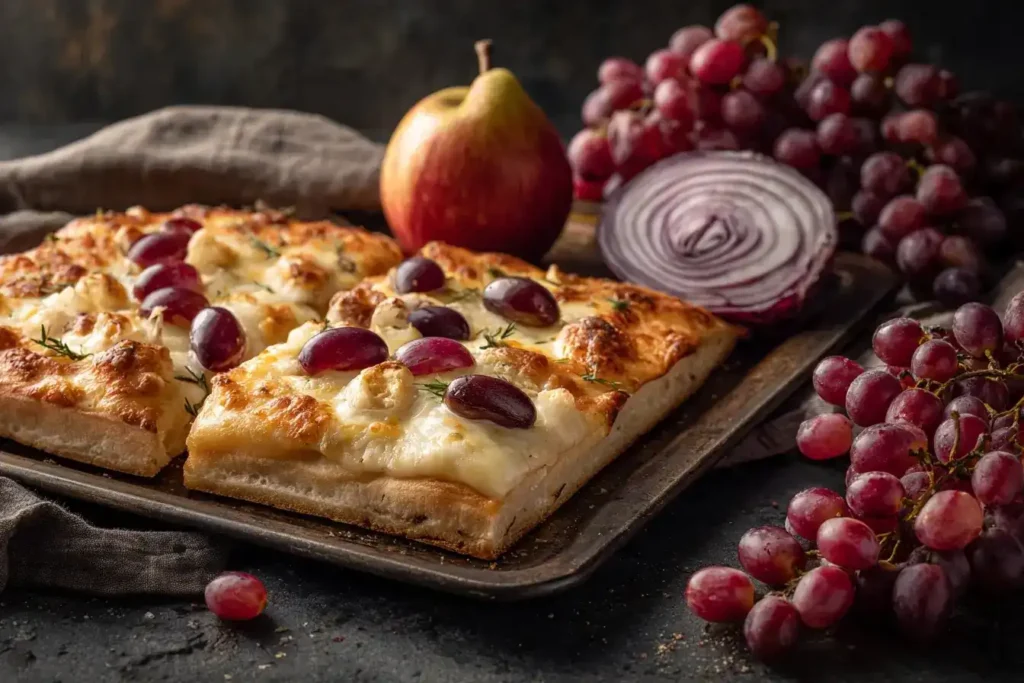 Diagramm des Gemüsekuchens vom Blech mit Trauben, Apfelringen und Chorizo rundherum