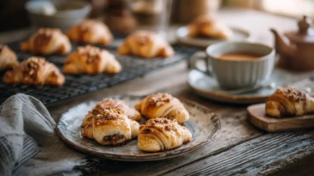 Frisch gebackene Haselnuss-Hörnchen mit Frischkäse auf einem Kuchengitter