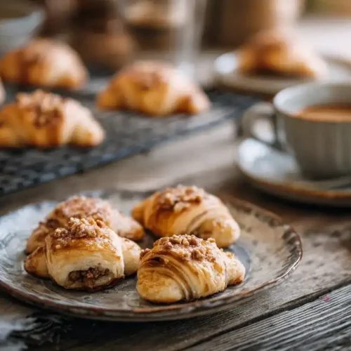Frisch gebackene Haselnuss-Hörnchen mit Frischkäse auf einem Kuchengitter