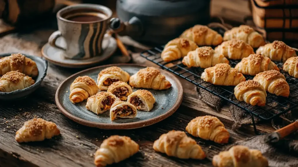 Teller mit goldbraunen Haselnuss-Hörnchen mit Frischkäse, serviert mit Kaffee