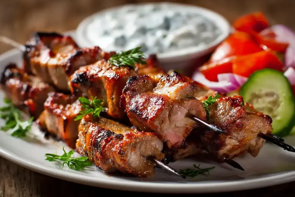 Souvlaki Rezept – Griechische Fleischspieße Gegrillte Souvlaki auf Holzspießen mit Tsatsiki und frischem Salat
