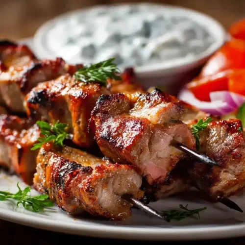 Gegrillte Souvlaki auf Holzspießen mit Tsatsiki und frischem Salat