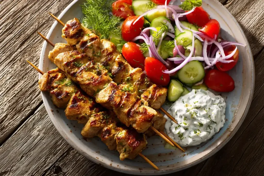 Zutaten für Souvlaki: Schweinelummer, Olivenöl, Zitrone, Knoblauch und Oregano