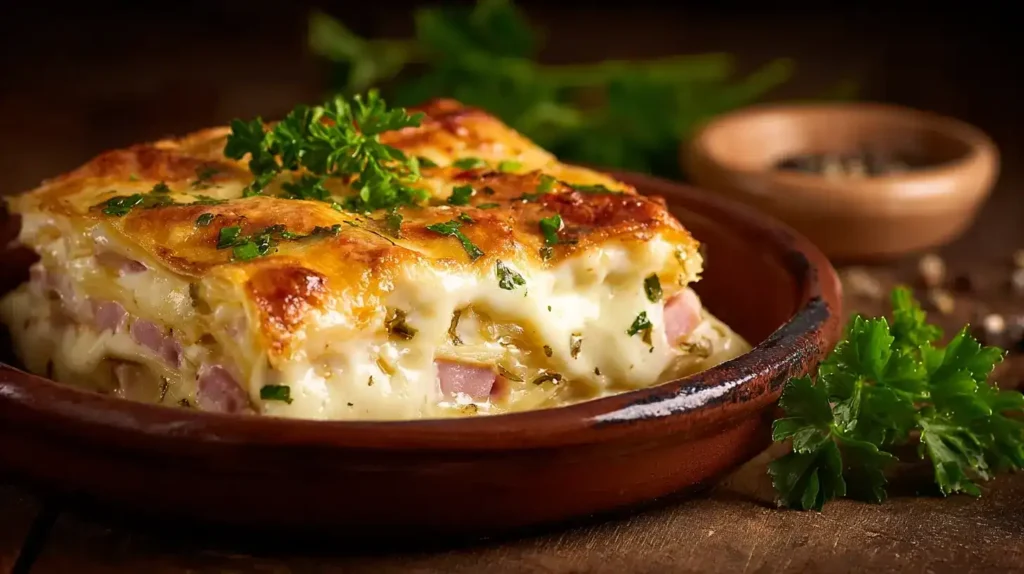 Cremige Sandwich-Lasagne mit goldbrauner Käsekruste in Auflaufform serviert