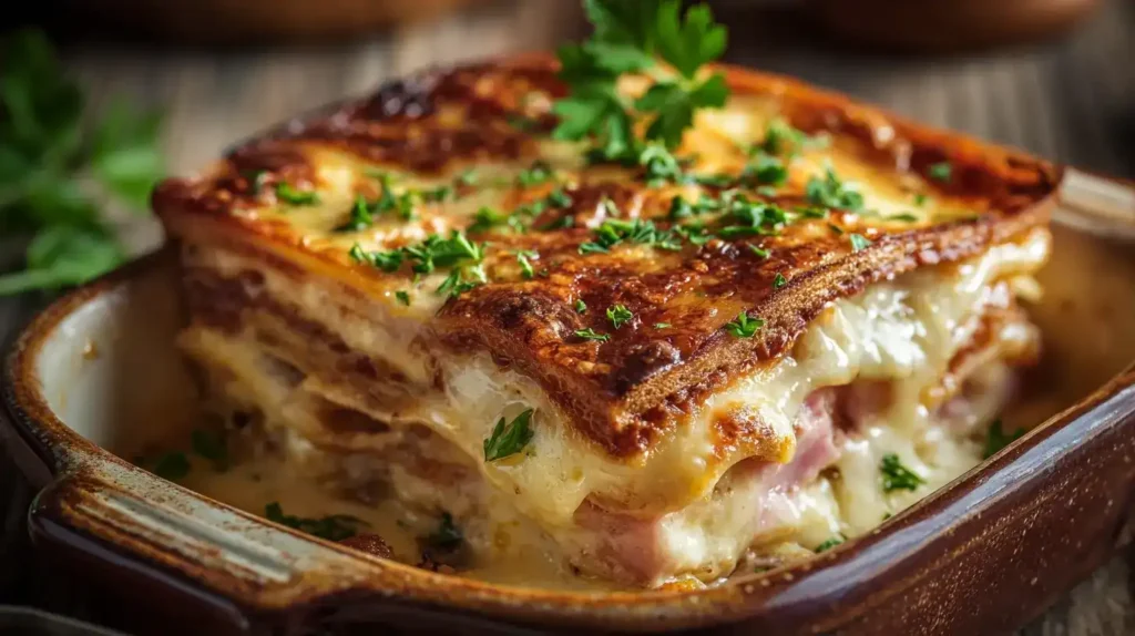 Frisch gebackene Sandwich-Lasagne mit Käse und Schinken, garniert mit Petersilie