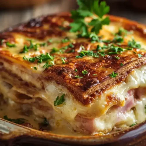 Frisch gebackene Sandwich-Lasagne mit Käse und Schinken, garniert mit Petersilie