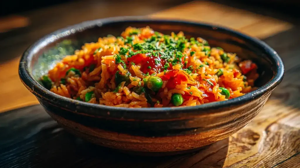 Bunte Schale Djuvec Reis mit Paprika, Tomaten, Erbsen und Ajvar