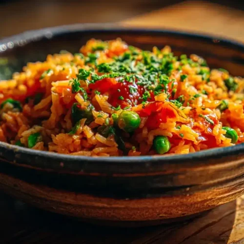 Bunte Schale Djuvec Reis mit Paprika, Tomaten, Erbsen und Ajvar