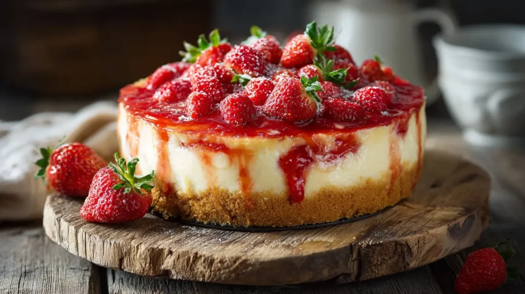 Erdbeerkuchen mit Pudding auf Biskuit, frische Erdbeeren und roter Tortenguss