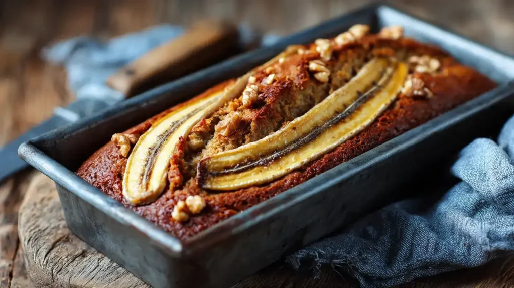 Saftiges Bananenbrot frisch gebacken in Kastenform mit Banane als Topping