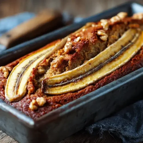 Saftiges Bananenbrot frisch gebacken in Kastenform mit Banane als Topping