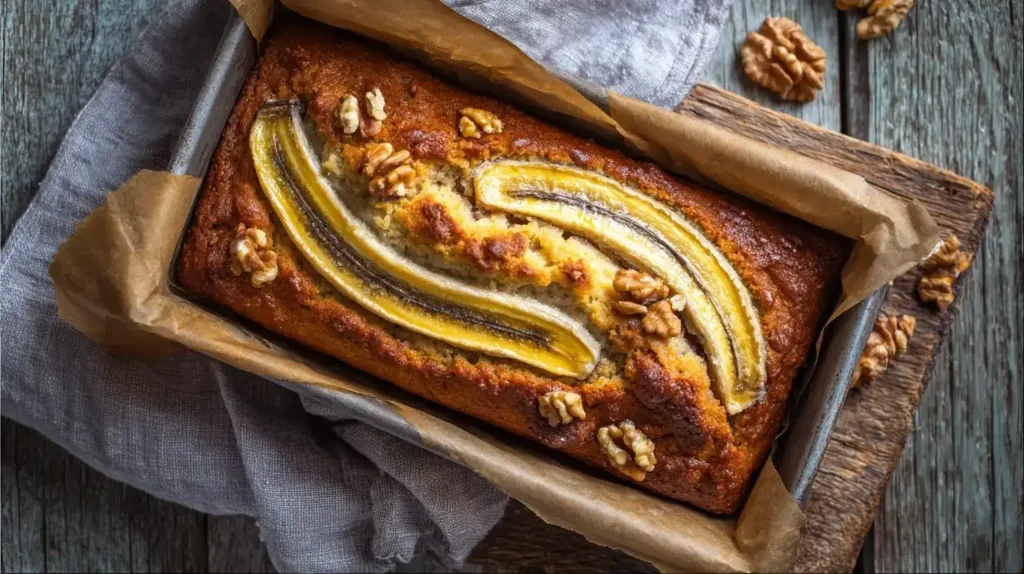 Angeschnittenes saftiges Bananenbrot mit Walnüssen und Banane, serviert auf Holzbrett