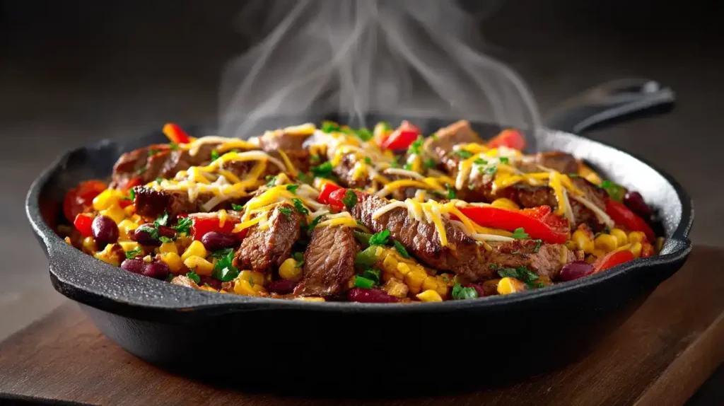 Tex-Mex-Steak-Pfanne mit Gemüse – Würzig, unkompliziert und voller Familien-Lieblingsaromen Tex-Mex-Steak-Pfanne mit Gemüse in gusseiserner Pfanne mit geschmolzenem Cheddar