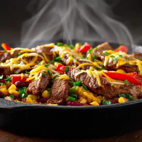 Tex-Mex-Steak-Pfanne mit Gemüse in gusseiserner Pfanne mit geschmolzenem Cheddar