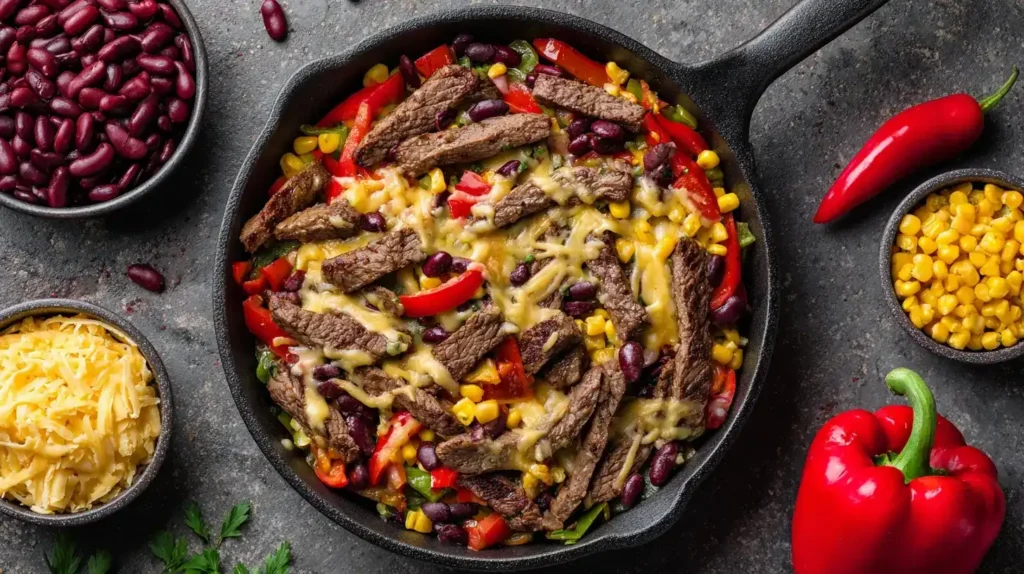 Naheaufnahme der Tex-Mex-Steak-Pfanne mit Paprika, Bohnen und Steakstreifen