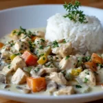 Hühnerfrikassee mit Reis, cremiger Sauce und frischem Gemüse, servierfertig