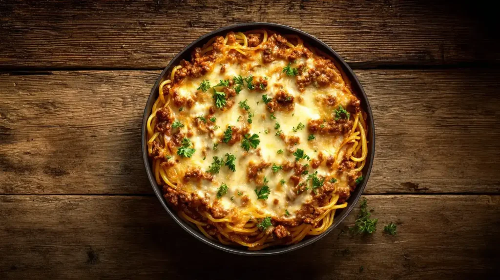Spaghetti-Auflauf mit Hackfleisch: Ein Familienklassiker Spaghetti-Auflauf mit Hackfleisch, goldbraun überbacken in Auflaufform