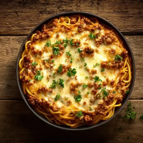 Spaghetti-Auflauf mit Hackfleisch, goldbraun überbacken in Auflaufform