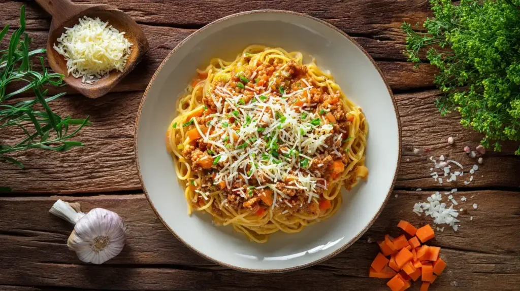 Servierter Spaghetti-Auflauf mit Hackfleisch auf Teller, Käse geschmolzen und aromatisch