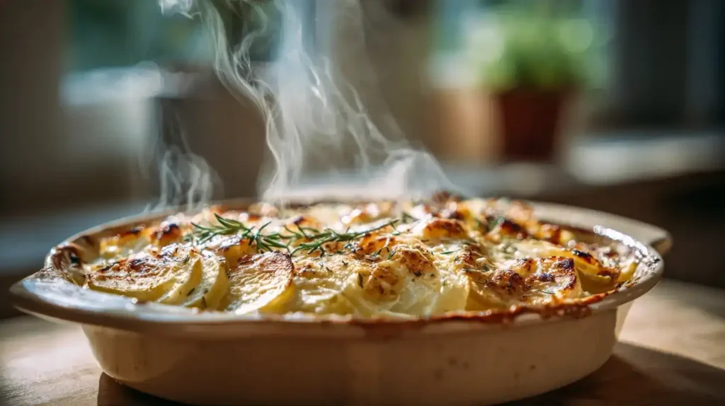 Spargelauflauf mit Kartoffeln und Kochschinken frisch gebacken in Auflaufform, goldbraun überbacken mit Parmesan