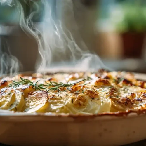 Spargelauflauf mit Kartoffeln und Kochschinken frisch gebacken in Auflaufform, goldbraun überbacken mit Parmesan