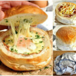 Ei-Schinken-Brötchen: Brötchen aufschneiden und aushöhlen, Schinken, Ei und Käse rein und ab in den Ofen! Rezept
