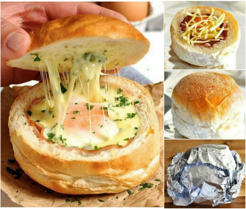 Ei-Schinken-Brötchen: Brötchen aufschneiden und aushöhlen, Schinken, Ei und Käse rein und ab in den Ofen! Rezept