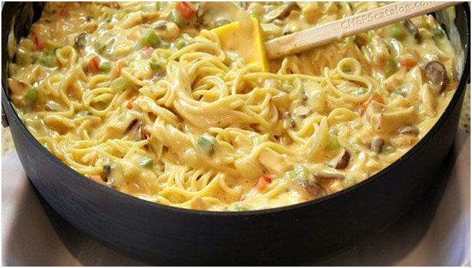Spaghetti alla Panna in Käse-Sahne-Sauce mit Schinken, Erbsen und Pilzen Rezept