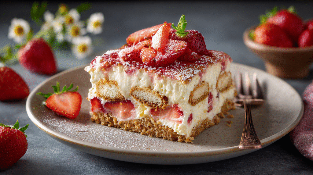 Erdbeer-Tiramisu mit frischen Erdbeeren und Mascarpone in Auflaufform serviert