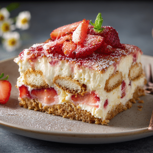 Erdbeer-Tiramisu mit frischen Erdbeeren und Mascarpone in Auflaufform serviert
