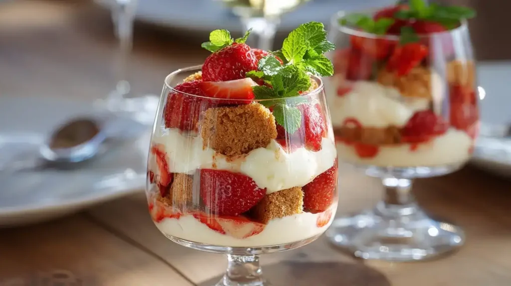 Frisches Erdbeer-Tiramisu im Glas mit Minze und dekorativen Erdbeeren
