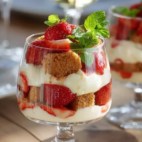 Frisches Erdbeer-Tiramisu im Glas mit Minze und dekorativen Erdbeeren