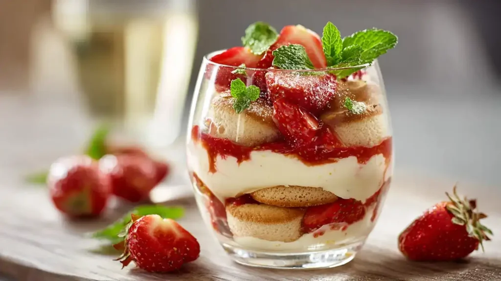 Schichtaufnahme von Erdbeer-Tiramisu im Glas mit Löffelbiskuits, Creme und Erdbeerpüree