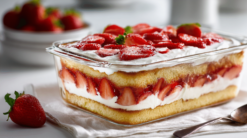 Erdbeer-Tiramisu im Zentrum, umgeben von Mascarpone, Erdbeeren und Löffelbiskuits