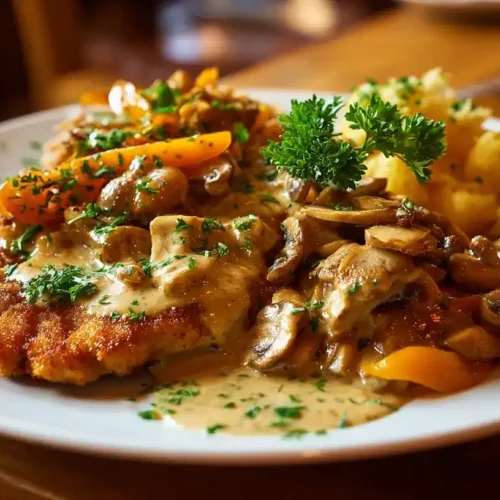 Räuberfleisch im Ofen mit Paprika, Champignons und cremiger Schmandsoße, garniert mit Petersilie