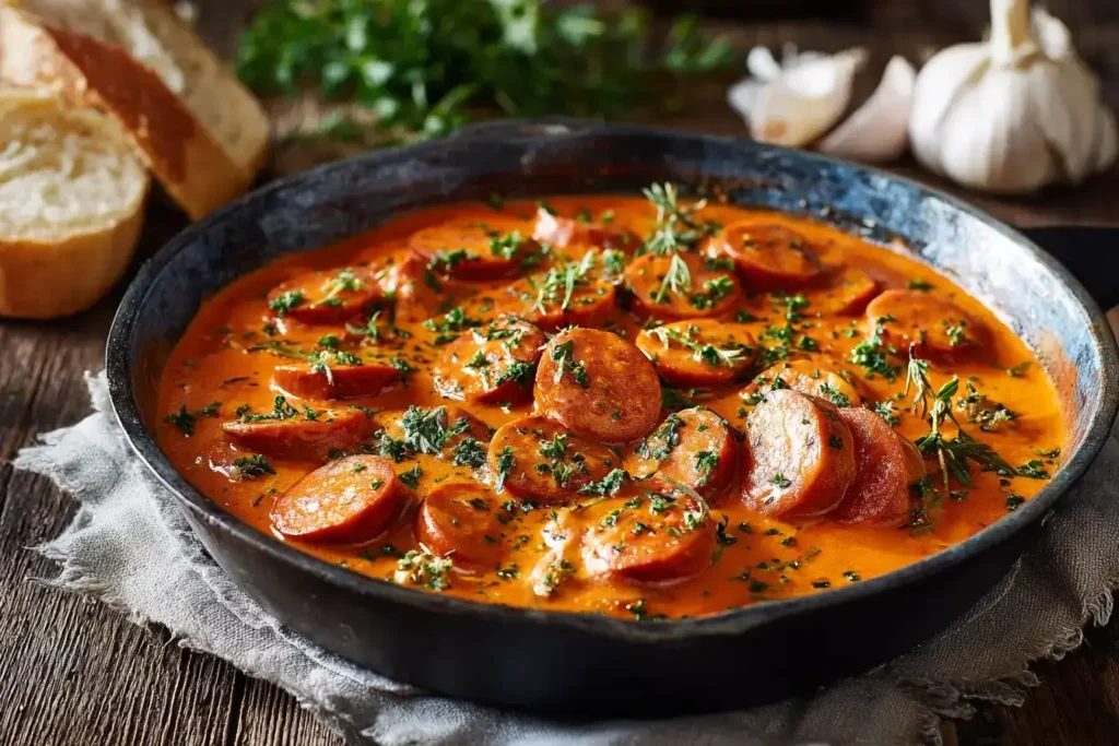 Würstchengulasch – Schnell & Einfach Cremiges Würstchengulasch mit Paprika und Schmand in Pfanne serviert