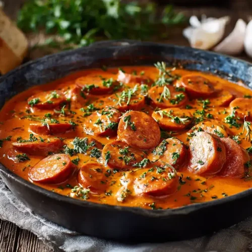 Cremiges Würstchengulasch mit Paprika und Schmand in Pfanne serviert