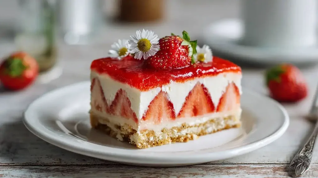Erdbeerkuchen ohne Backen auf Kuchenteller mit frischen Erdbeeren und glänzendem Tortenguss