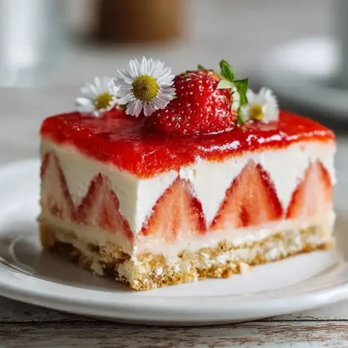 Erdbeerkuchen ohne Backen auf Kuchenteller mit frischen Erdbeeren und glänzendem Tortenguss