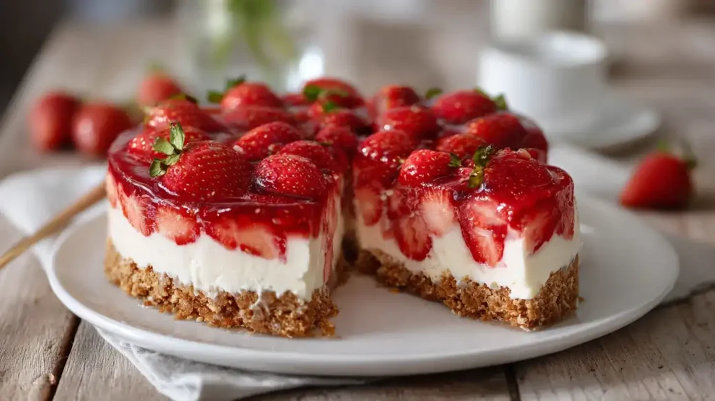 Zutaten für Erdbeerkuchen ohne Backen – Butterkekse, Erdbeeren, Schmand, Milch und Vanillepuddingpulver