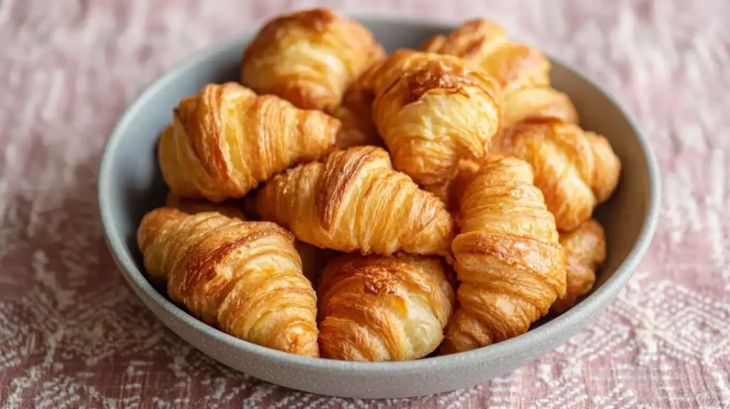 Knusprige Schinken-Käse-Hörnchen mit Frischkäse als Fingerfood auf einer Servierplatte angerichtet.