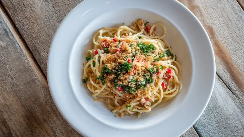 Spaghetti mit Knoblauch, Chili, Petersilie und gerösteten Brotkrumen, angerichtet auf weißem Teller