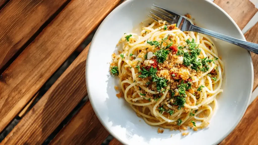 Nahaufnahme von Spaghetti mit Knoblauch, Chili und knusprigen gerösteten Brotkrumen, mediterranes Food-Fotografie-Stil